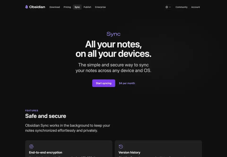 보안 동기화와 버전 기록 기능을 보여주는 Obsidian Sync 공식 페이지