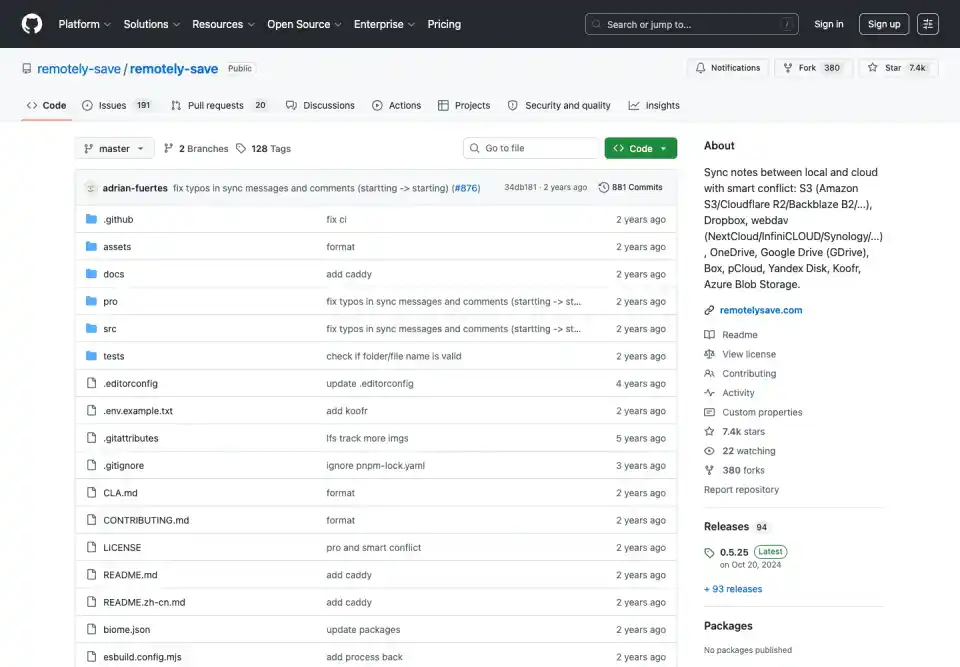 지원 저장소 백엔드와 암호화 설명을 보여주는 Remotely Save GitHub 페이지