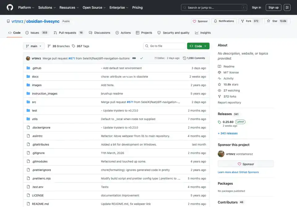 동기화 기능과 셀프 호스팅 설정 설명을 보여주는 Self-hosted LiveSync GitHub 페이지