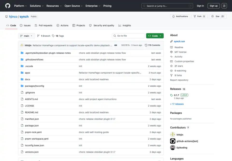오픈소스 Obsidian 동기화 프로젝트를 보여주는 Synch GitHub 저장소 페이지