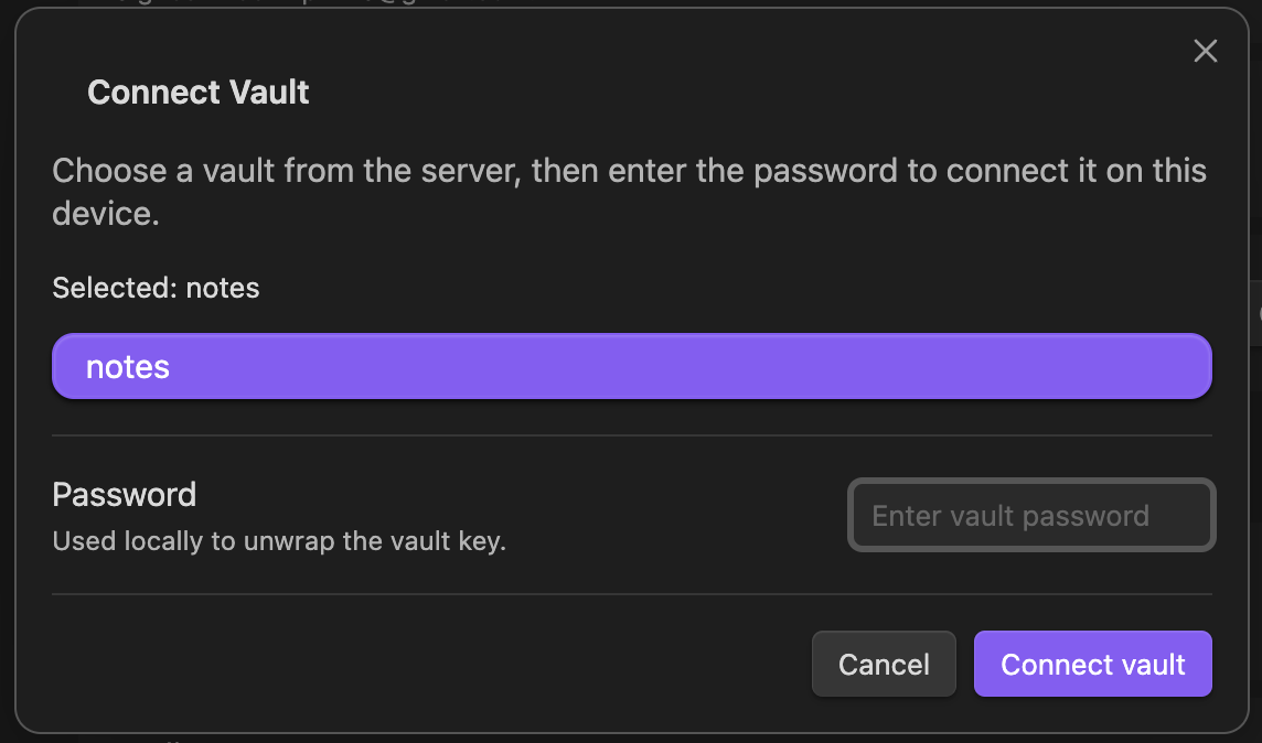 Connect vault screen