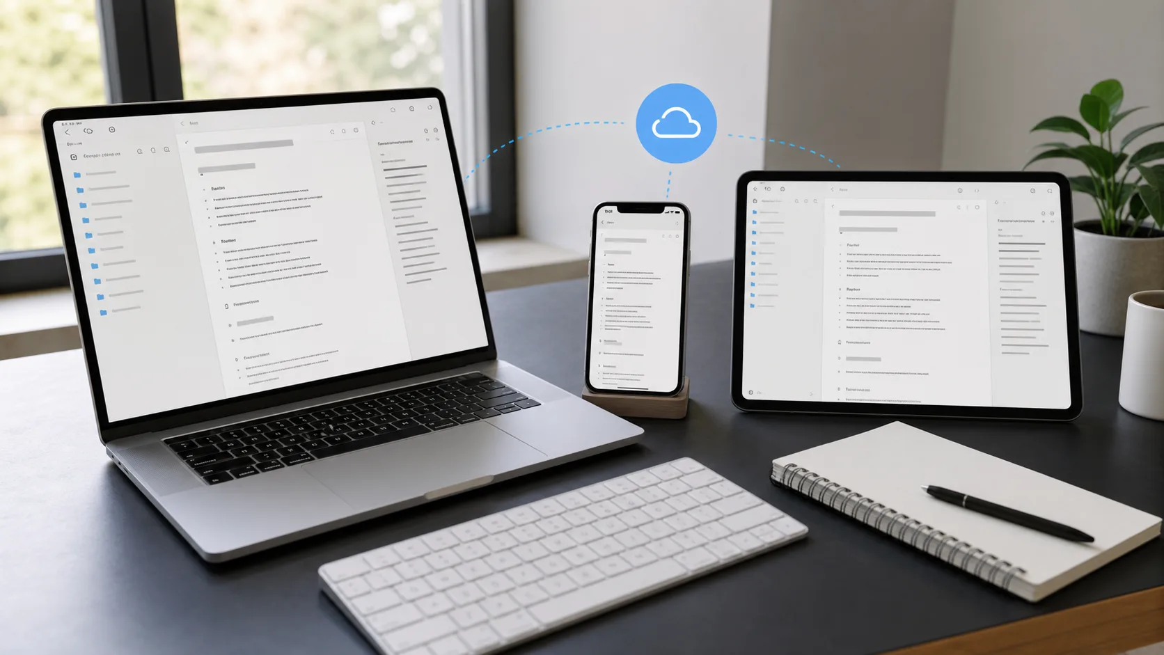 MacBook, iPhone, iPad 사이에서 iCloud로 Obsidian 노트를 동기화하는 모습