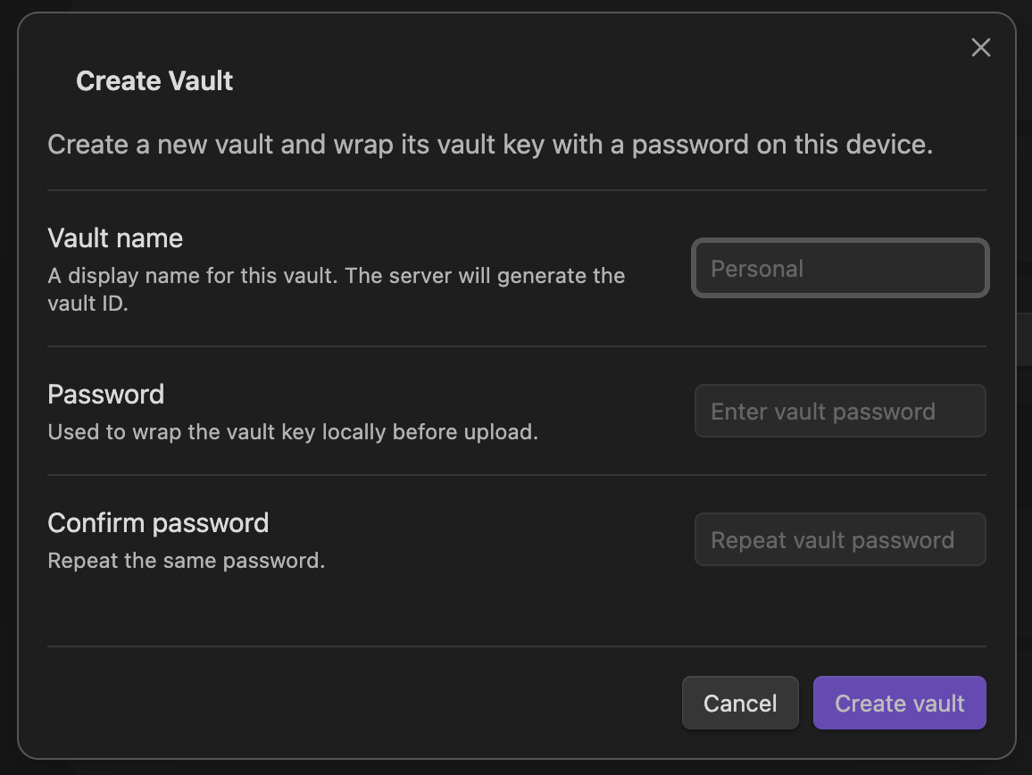 Create vault screen